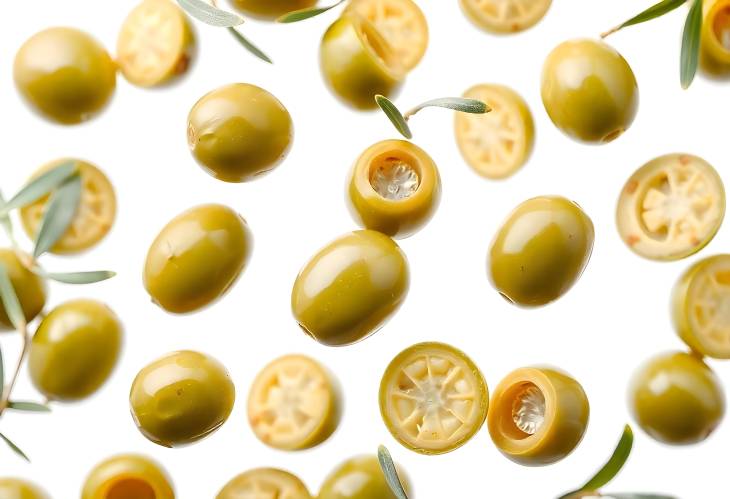 Green Olives and Slices Floating on White